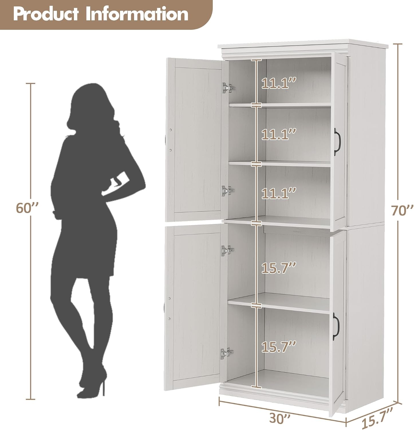 IDEALHOUSE Pantry Cabinet, White 4-Door with Adjustable Shelves, 70" H | Freestanding Cupboard with 5 Interior Compartments, Dining Room, Kitchen, Bathroom, Living Room