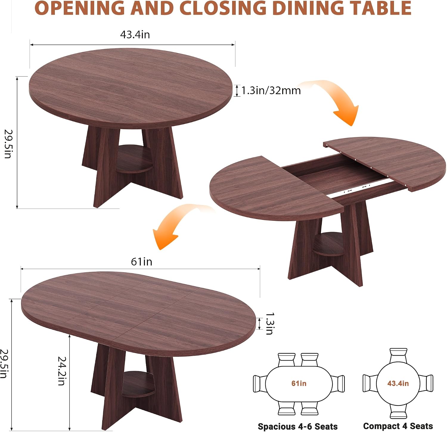 Extendable Dining Table, Round Kitchen Dining Room Dinner Table with for 4 6 8 People, Space Saving Modern Oval Expandale Furniture with Storage and Pedestal for Kitchen Living Room (Brown)