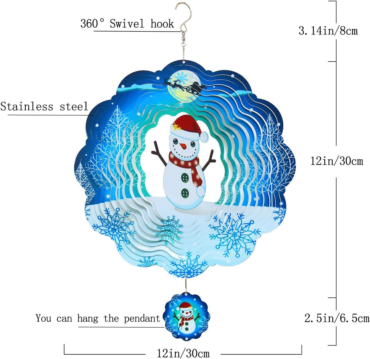 Christmas 3D Wind Spinners Hanging, 12in Large Stainless Steel Yard Sculpture for Winter Outdoor Indoor Garden Yard Crafts Ornaments Decoration(Christmas Snowmen)