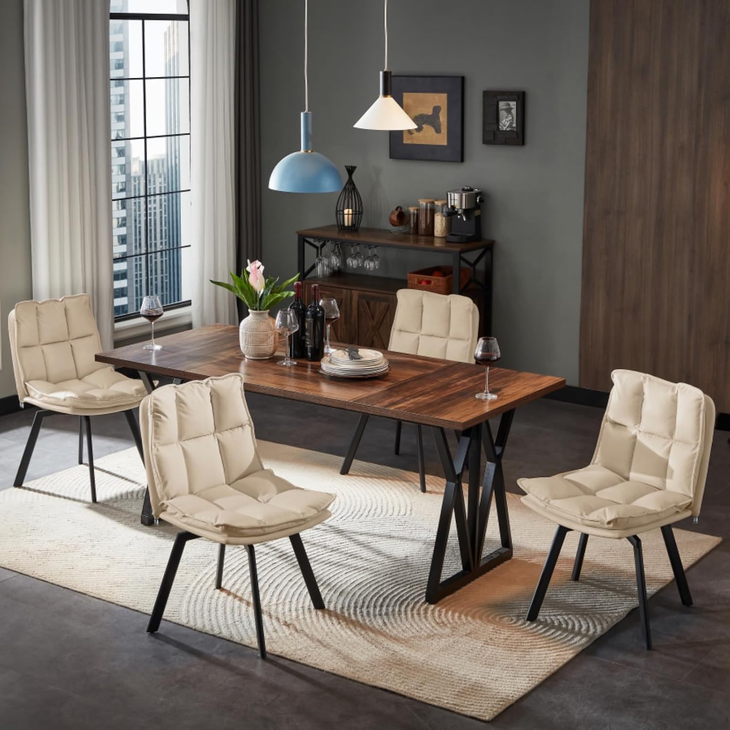 Susalt Swivel Dining Chairs Set of 4, Upholstered Dining Room Chairs, Leather Kitchen Chairs with Metal Feet, Double-Layer Foam Dinner Chair for Dining Room, and Kitchen, Off White and Black