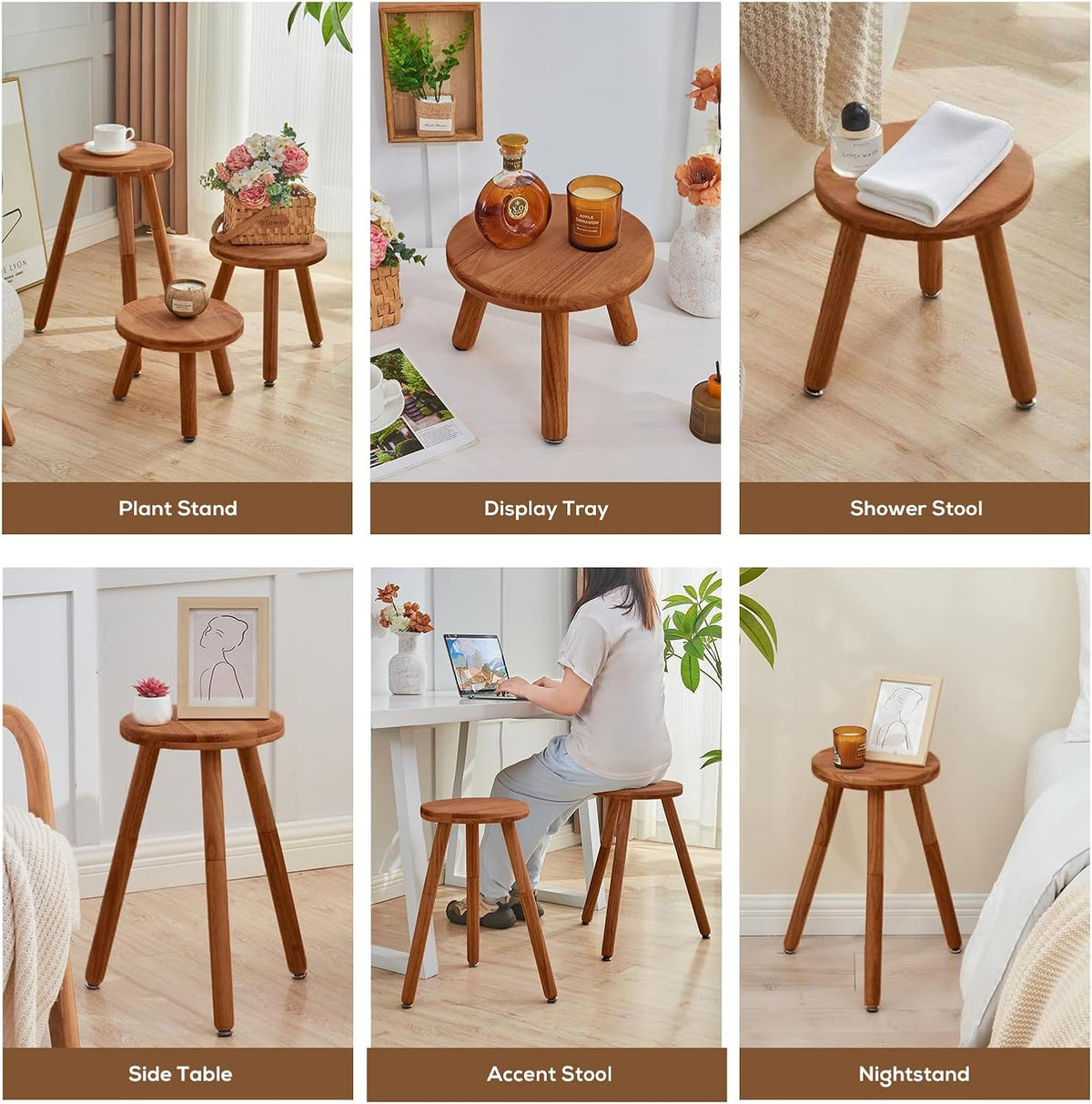 Small Round Side Table Adjustable Height Solid Wood Drink Table Indoor Tall Plant Stand Multi-Use Accent Stool-11‘’D × 20“H (Walnut)