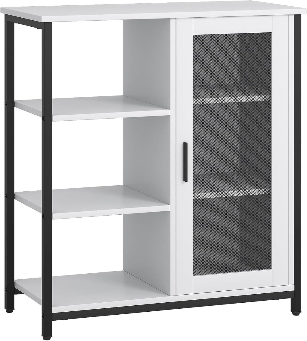 LVSOMT Coffee Bar Cabinet with Adjustable Shelves and Door, Rustic White | 27.5'' Small Coffee Station with Table, Mini Sideboard Buffet, Iron Wood Frame, 3-Tier, for Tea, Dishes, Snacks, Home Kitchen