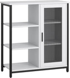 LVSOMT Coffee Bar Cabinet with Adjustable Shelves and Door, Rustic White | 27.5'' Small Coffee Station with Table, Mini Sideboard Buffet, Iron Wood Frame, 3-Tier, for Tea, Dishes, Snacks, Home Kitchen