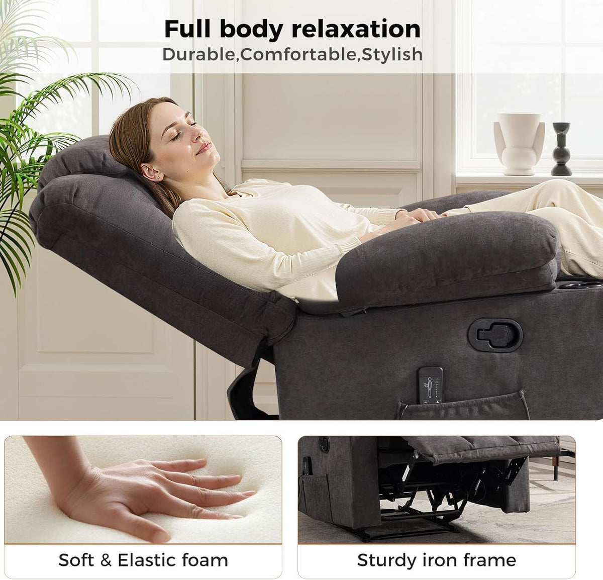 HAOMARKETS Classic Manual Recliners with Massage and Heat for Adults, Breathable Fabric Recliner Chair with 2 Cup Holders & Side Pockets, Overstuffed Heavy Duty Reclining Sofa for Living Room, Grey