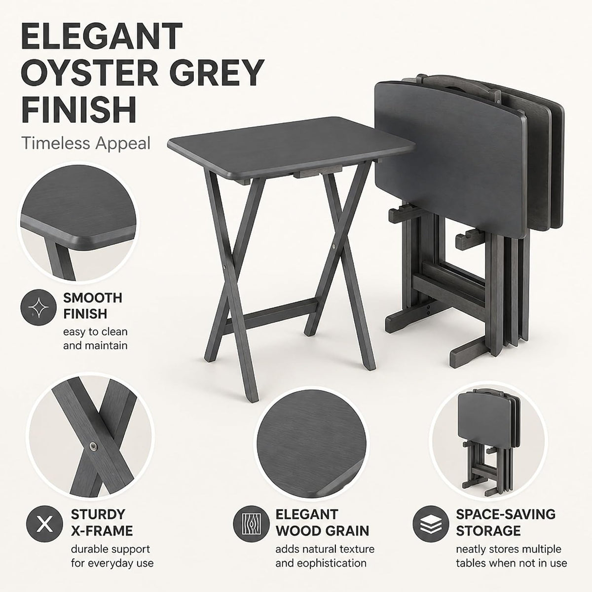 Ergode TV Tray Tables Set of 5 Folding X-Frame Oyster Gray