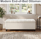 Storage Bench End of Bed, White Boucle Storage Ottoman Bench with Pressure Hinges, Foot Rest with Rubber Wood Legs, Button Tufted Ottoman with Storage for Living Room, Bedroom, Entry Ways & Window