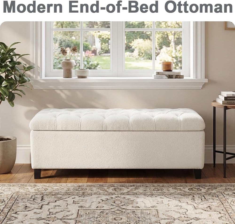 Storage Bench End of Bed, White Boucle Storage Ottoman Bench with Pressure Hinges, Foot Rest with Rubber Wood Legs, Button Tufted Ottoman with Storage for Living Room, Bedroom, Entry Ways & Window