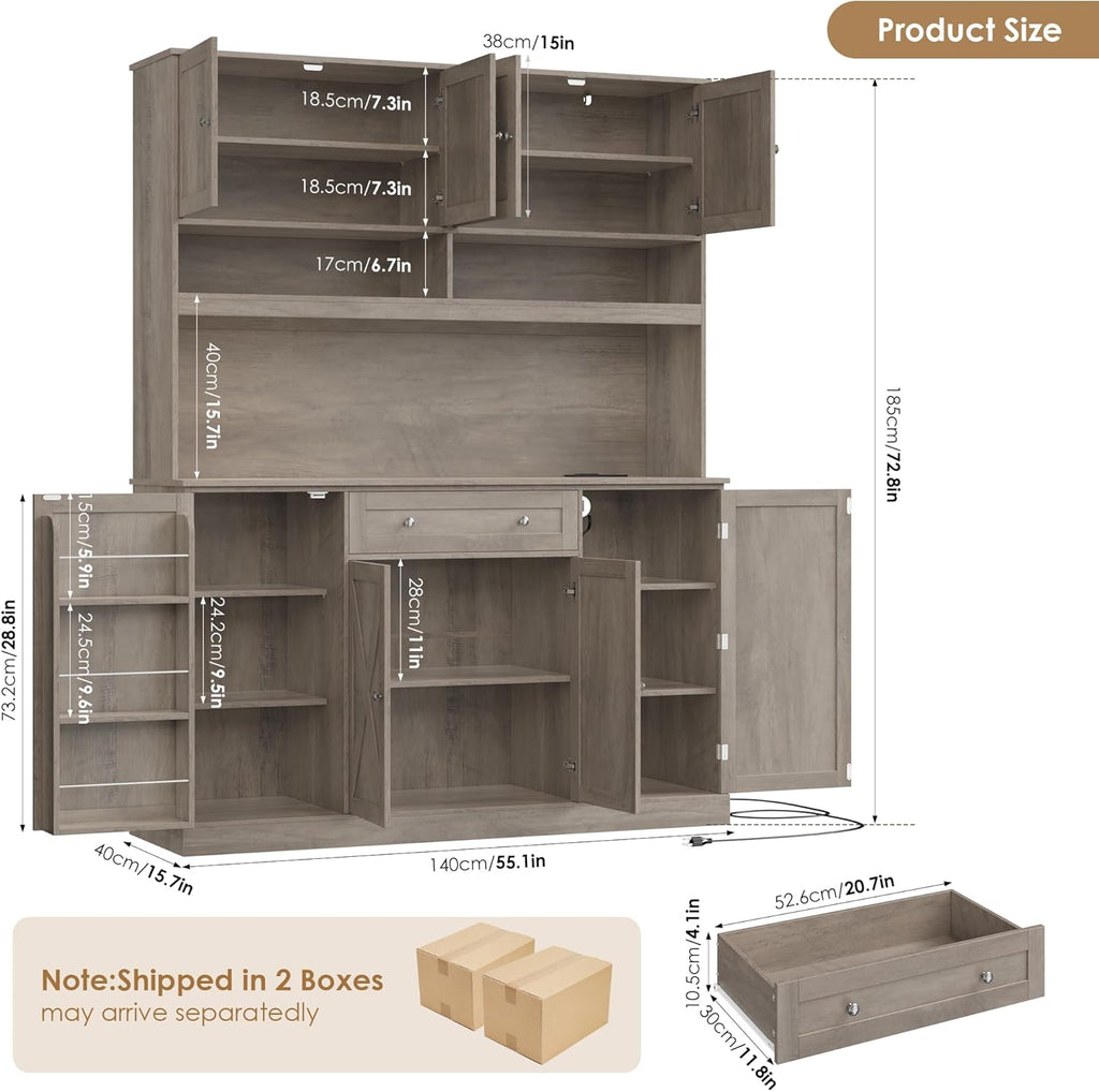 HIFIT 72.8” Tall Kitchen Pantry Cabinet with LED & Charging Station, 55” Wide Farmhouse Pantry Cabinet with Microwave Stand&Shelves&Swing-Out Door, Kitchen Hutch Coffee Bar for Living Room, Grey