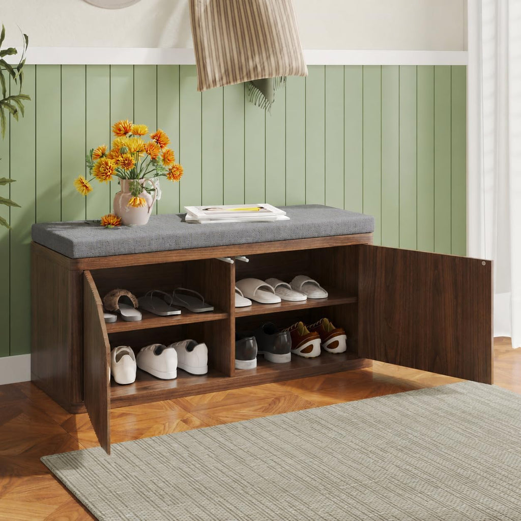 Entryway Shoe Storage Bench with 2" Cushion, 37.4" Small Bench with Shoe Rack, Cabinet Organizer for Hallway, Bedroom End of Bed (Walnut)