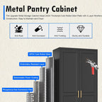 Polup Pantry Cabinet, 71" Tall Metal Storage Cabinet with Doors and Shelves | Black Kitchen Cabinet, 5-Tier Heavy Duty Steel Cupboard, 4 Adjustable Shelving, Gold Handles, for Dining Room Garage, Laundry
