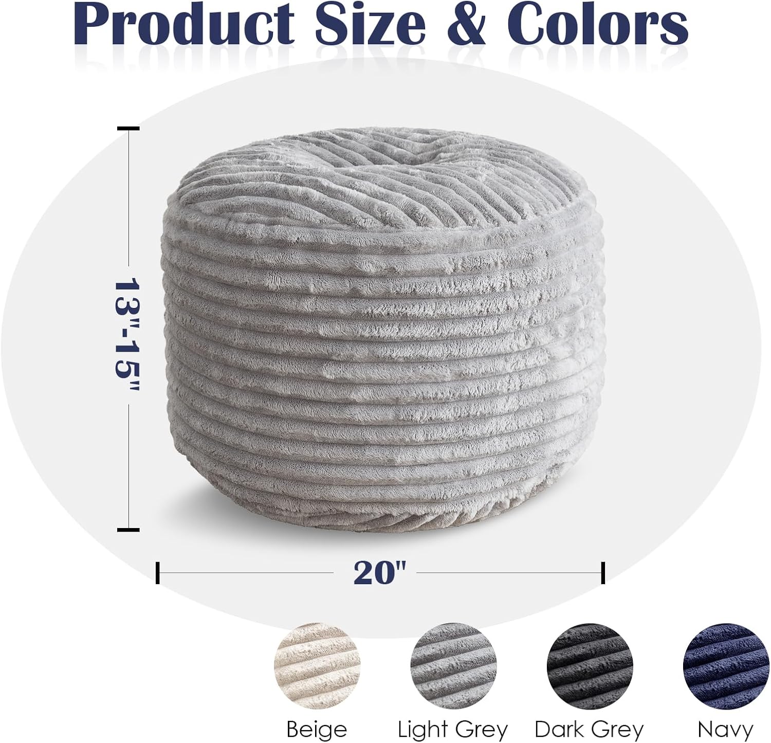 SHOUREN Stuffed Round Ottoman,Pouf Ottoman Foot Rest,20 X 15 in,Light Grey | Corduroy Cover,Memory Foam Filler,Pouf Storage Ottoman Footstool for Living Room,20 X 15 Floor Poufs for Couch,Footrest Only