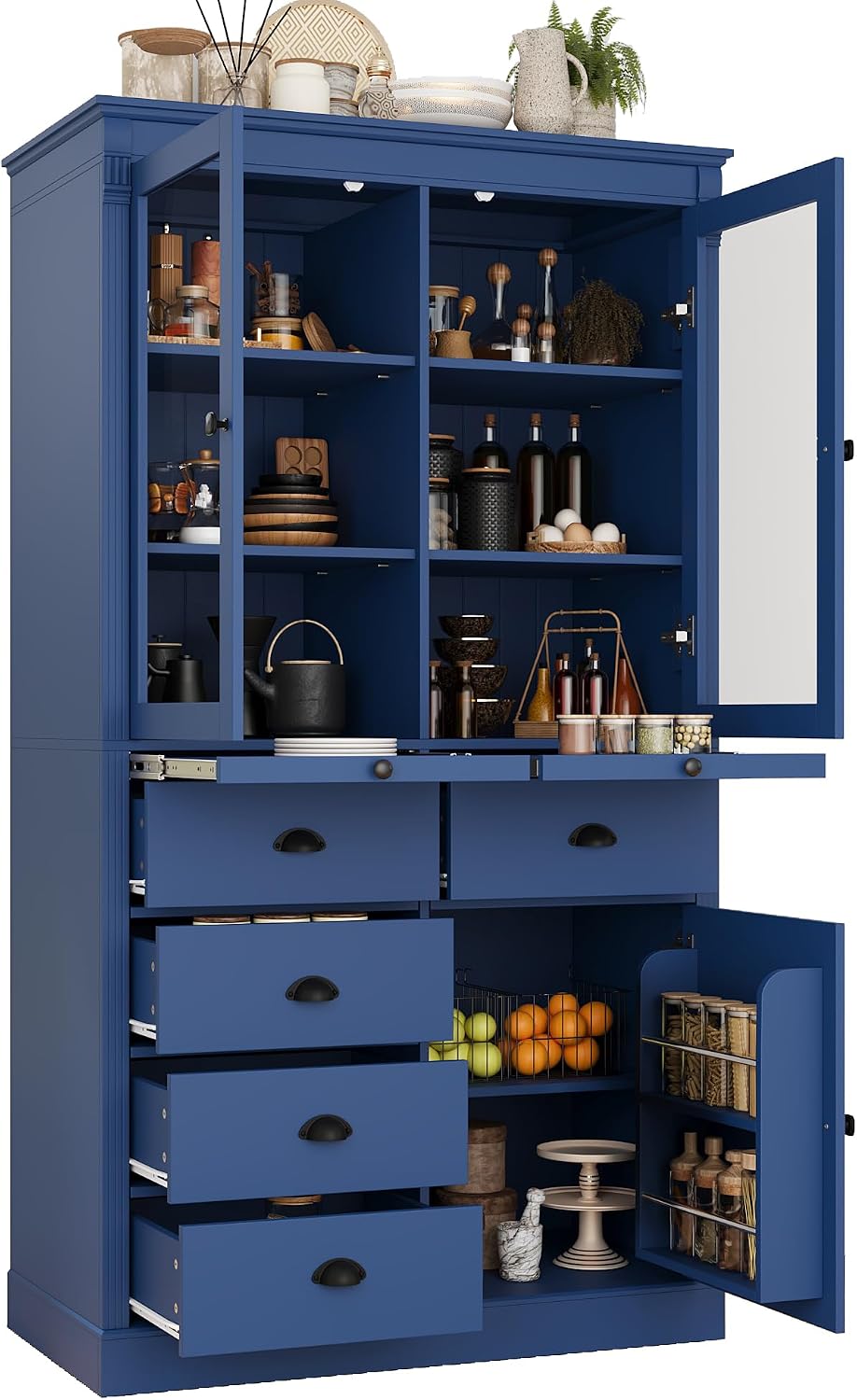 Pantry Stotrage Cabinet with Glass Doors and Serving Trays, Wood Display Cabinet with Stotrage Drawers and Shelves for Kitchen, Dining Room (Blue)