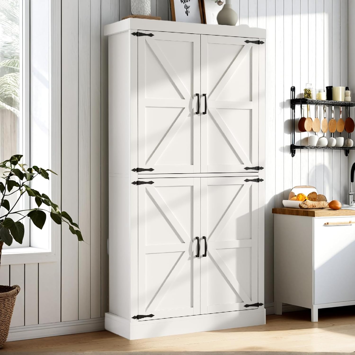 Gyfimoie 70" Tall Kitchen Pantry, Farmhouse Storage Cabinet with Barn Doors,Kitchen Hutch Pantry Cabinet with Adjustable Shelves,Organizer,Rustic Wood Cupboard for Dining Room, Bathroom (White)