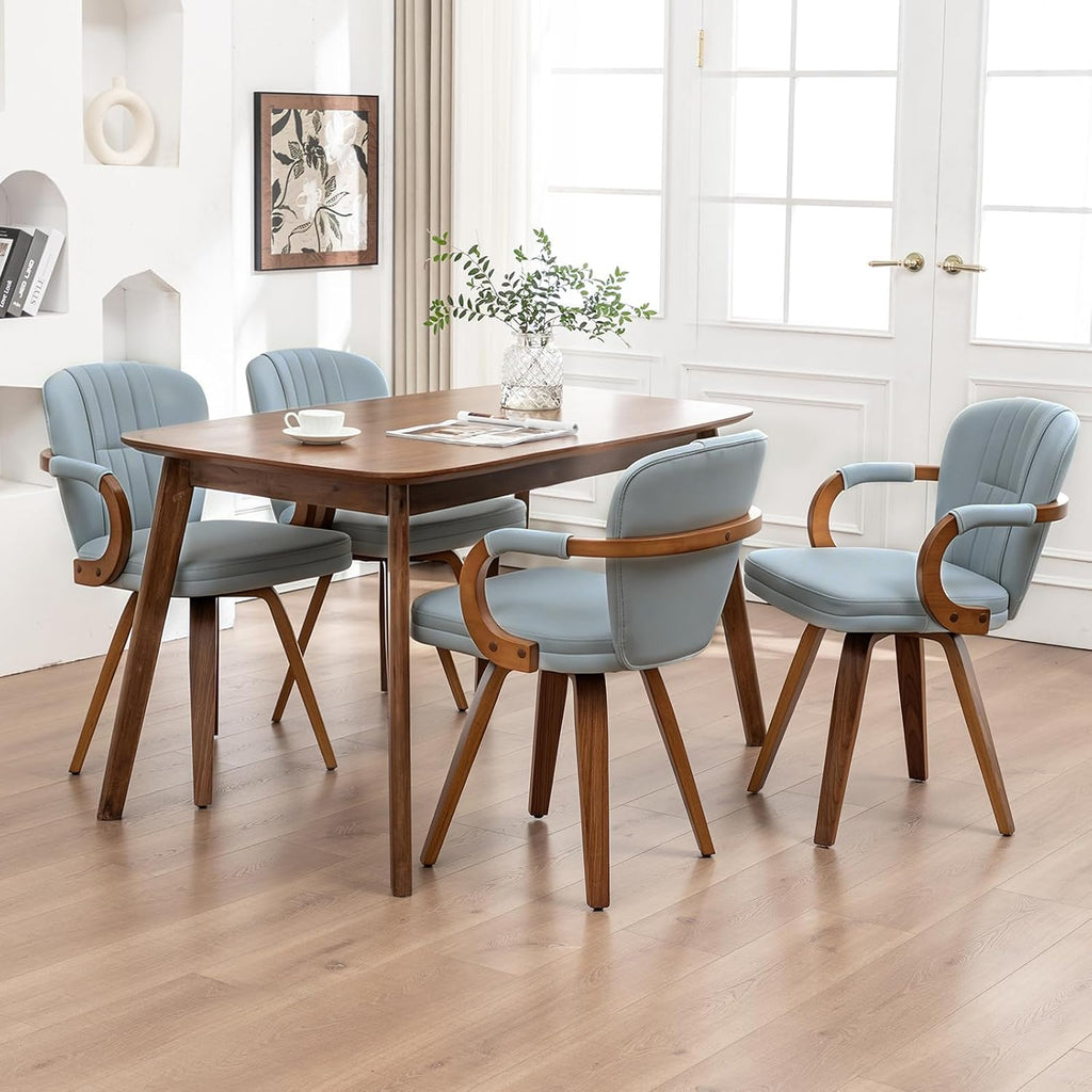 Swivel Dining Chairs with Arms | Mid Century Modern Blue Faux Leather Kitchen Chairs,Bentwood Side Chairs,Ergonomic Wood Accent Chair No Wheels 1PCS