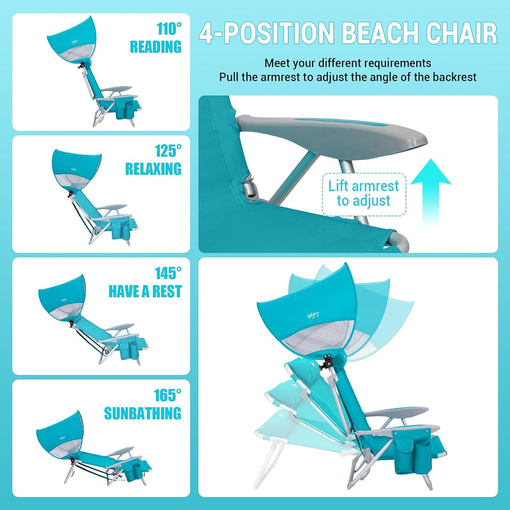 #WEJOY Beach Chair with Canopy Shade, Reclining Adjustable 4 Position, Lay Flat Lightweight Folding Portable Aluminum Chair with Backpack Straps,Padded headrest, Heavy Duty 400lbs Lawn Chair for Beach