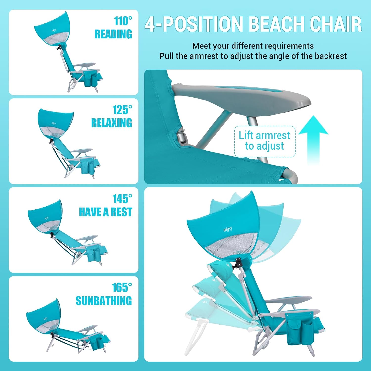 #WEJOY Beach Chair with Canopy Shade, Reclining Adjustable 4 Position, Lay Flat Lightweight Folding Portable Aluminum Chair with Backpack Straps,Padded headrest, Heavy Duty 400lbs Lawn Chair for Beach