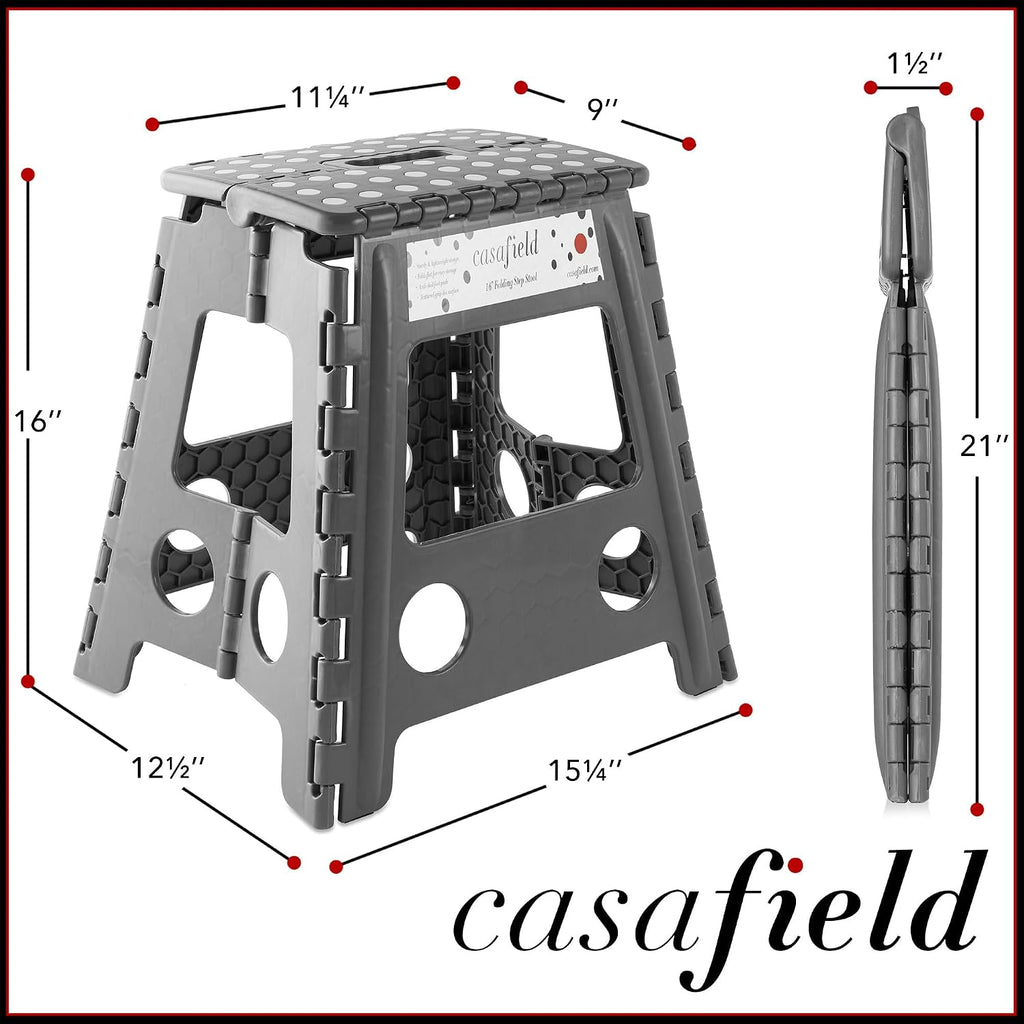 Casafield 16" Folding Step Stool with Handle (Set of 2), Gray - Portable Collapsible Small Plastic Foot Stool for Adults - Use in the Kitchen, Bathroom and Bedroom