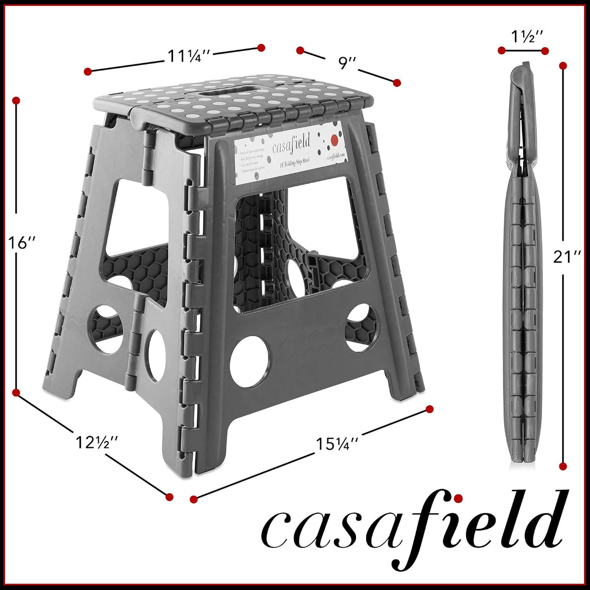 Casafield 16" Folding Step Stool with Handle (Set of 2), Gray - Portable Collapsible Small Plastic Foot Stool for Adults - Use in the Kitchen, Bathroom and Bedroom