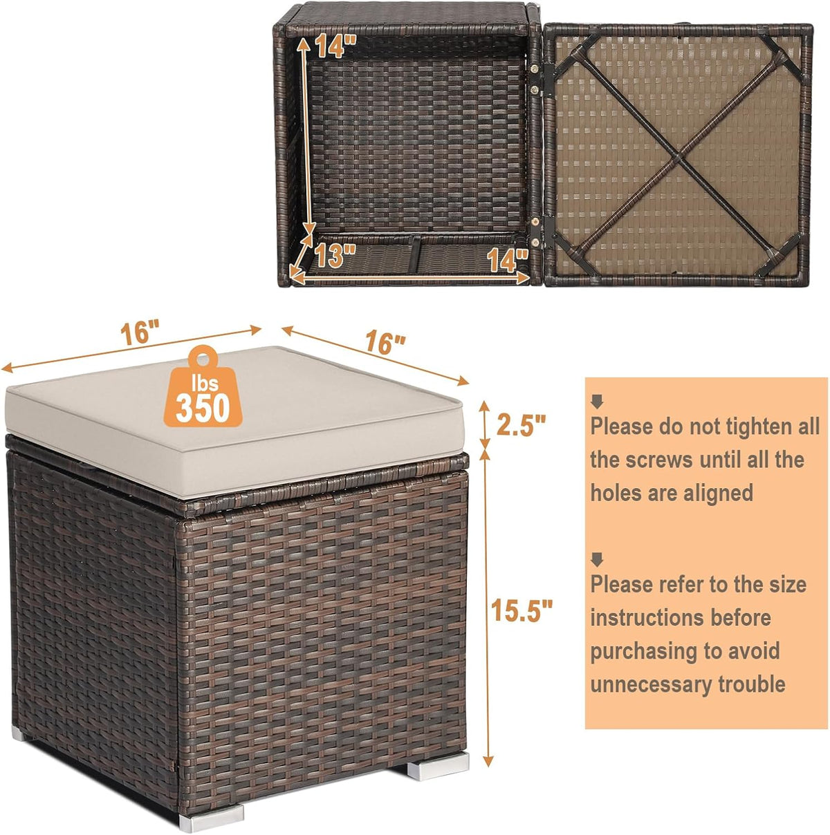 RELAX4LIFE Wicker Outdoor Storage Ottoman, 2-Piece Rattan Footstool w/Removable Cushion, Multipurpose Footrest Stool Side Table Additional Seating, Set of 2 Outdoor Ottomans for Patio Deck (Beige)