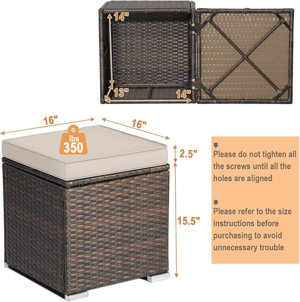 MEDIMALL Patio Wicker Ottoman Set of 2, Multipurpose Outdoor Footstool w/Removable Cushions, Rattan Side Table w/Storage, Footstool Ottoman Seat for Garden, Backyard, Poolside (Beige)