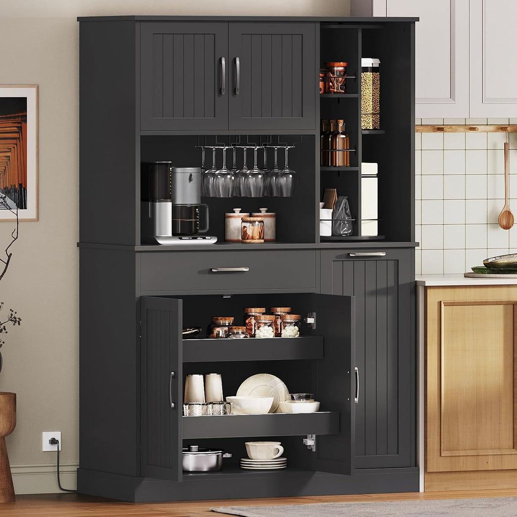 Pantry Cabinet, 67.7" Tall Kitchen Pantry Storage Cabinet with 360° Rotating Shelf & 2 Pull-Out Racks, Freestanding Kitchen Hutch with Charging Station & Drawer, for Dining Room, Black