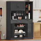 Pantry Cabinet, 67.7" Tall Kitchen Pantry Storage Cabinet with 360° Rotating Shelf & 2 Pull-Out Racks, Freestanding Kitchen Hutch with Charging Station & Drawer, for Dining Room, Black