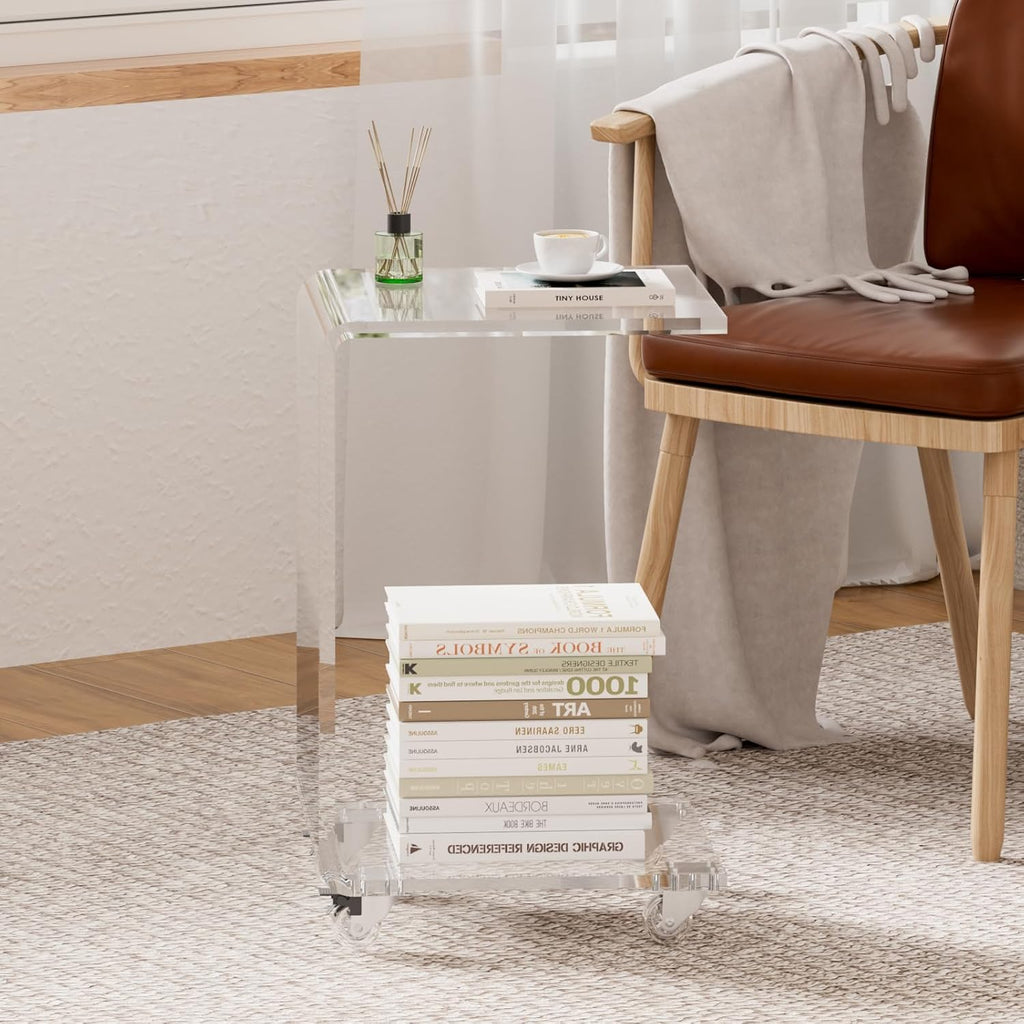 Acrylic Side Table with Wheels, Movable C Shaped Sofa Table with Storage, Rolling Nightstand, Clear End Table for Living Room, Bedroom, Office, Bedside, Couch