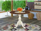 Pemberly Row Round Rubberwood Dining Table, Walnut Top and Linen White Pedestal Base, 42 in Diameter, 30 in Height, Drop Leaf Design, Classic Style Kitchen or Dining Room Table for Small Spaces