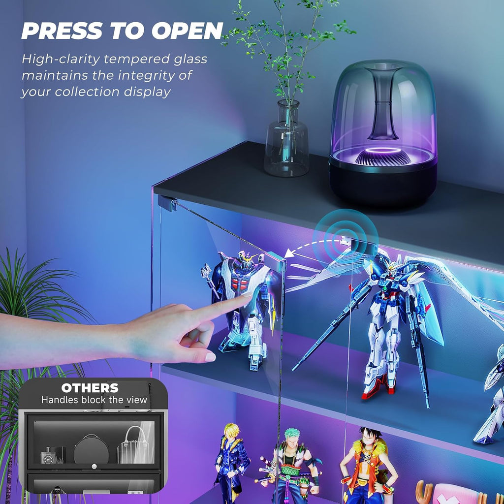 VersionTECH. Glass Display Cabinet with RGB LED Lights, Full-View Display, 3-Tier Display Case with Glass Doors for Collectibles, Cabinets with Lock, Human Sensor, Charging Station, Black