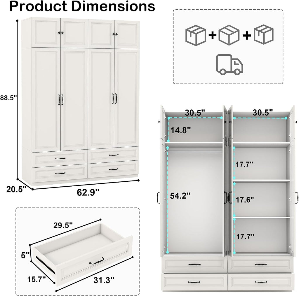 Armoire Wardrobe Closet with Doors: 89" Extra Tall White Wardrobe with Storage on Top, Bedroom Armoires with 4 Doors and 4 Drawers, Large Wood Closet Armoire for Hanging Clothes