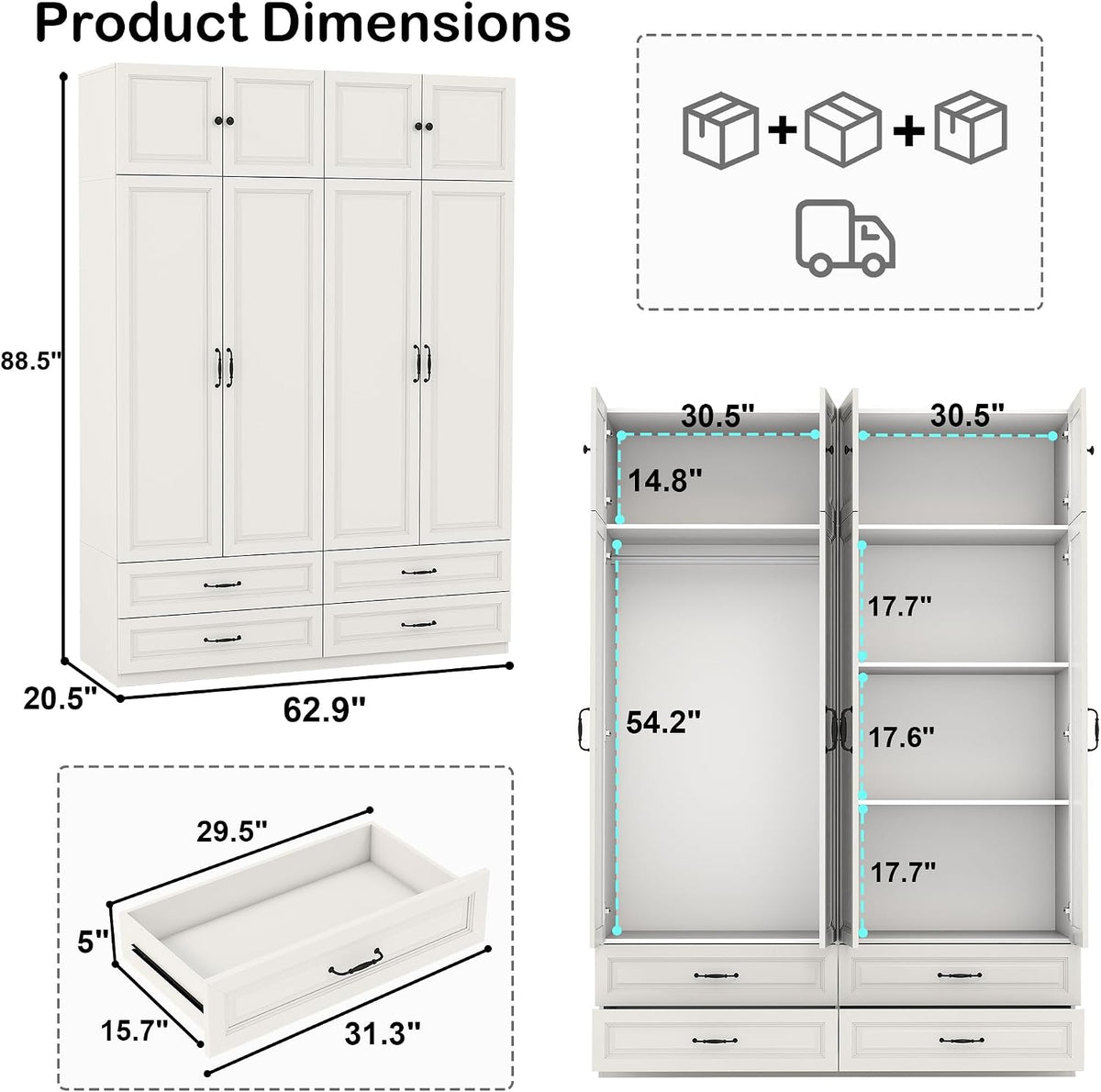 Armoire Wardrobe Closet with Doors: 89" Extra Tall White Wardrobe with Storage on Top, Bedroom Armoires with 4 Doors and 4 Drawers, Large Wood Closet Armoire for Hanging Clothes
