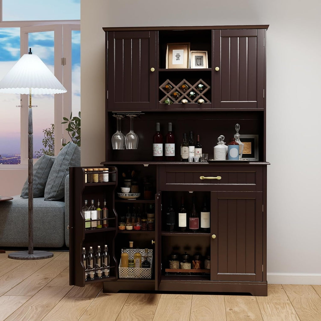 Gizoon Tall Kitchen Storage Cabinet with Door and Shelves Dark Brown | Kitchen Pantry Cabinet with Storage 67" Large Coffee Bar Hutch with Storage for Dining Room Kitchen and Living Room, Painted