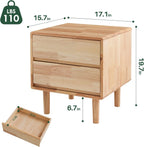 Modern Natural Wooden Nightstand with Drawers - Solid Wood Night Stand 2 Drawer Mid Century Small Narrow Bedside Side End Table with Storage for Living Room Bedroom, 15.7" D x 17.1" W x 19.6" H