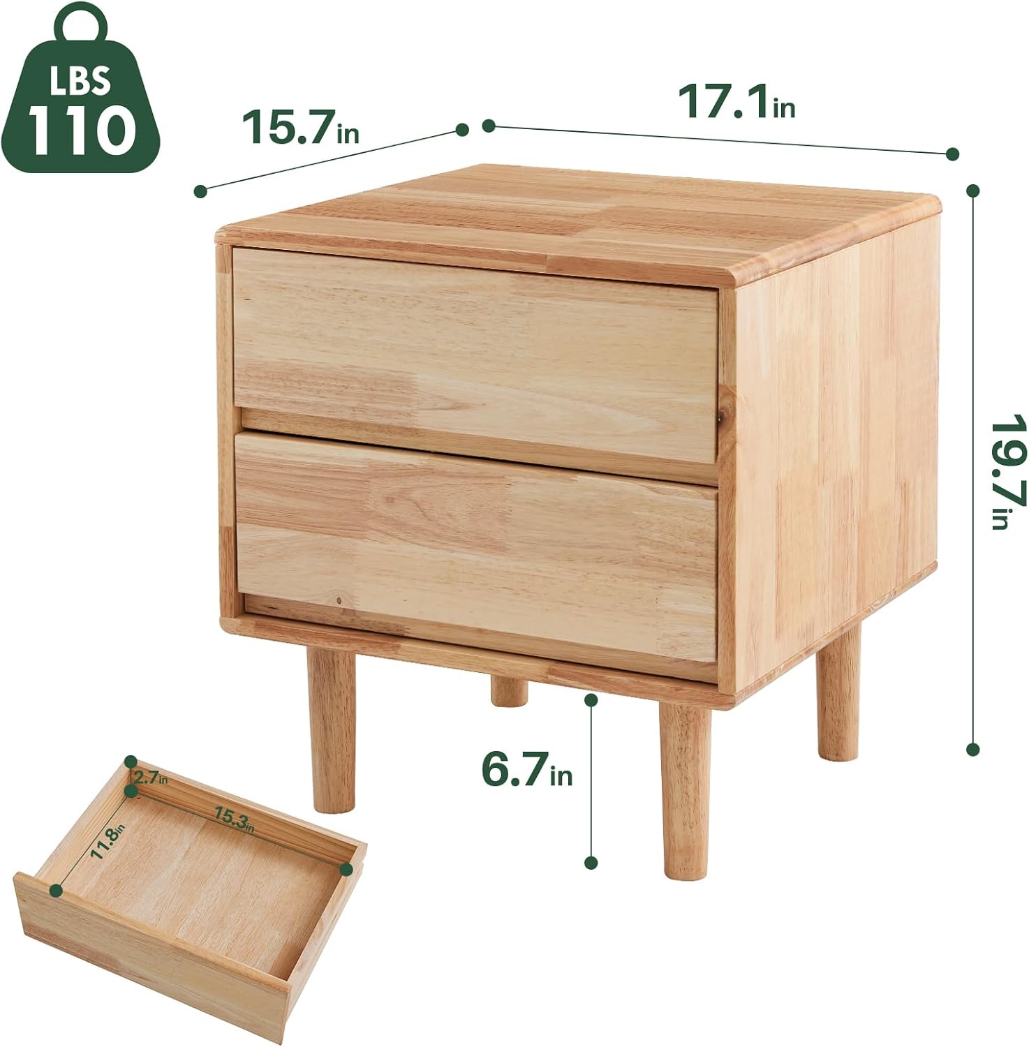 Modern Natural Wooden Nightstand with Drawers - Solid Wood Night Stand 2 Drawer Mid Century Small Narrow Bedside Side End Table with Storage for Living Room Bedroom, 15.7" D x 17.1" W x 19.6" H