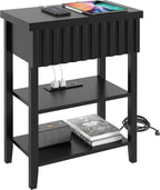 3imothrix Narrow End Table with Charging Station, Fluted Side Table with Drawer for Small Space, Modern Nightstand with Storage Shelves for Living Room Bedroom, Black