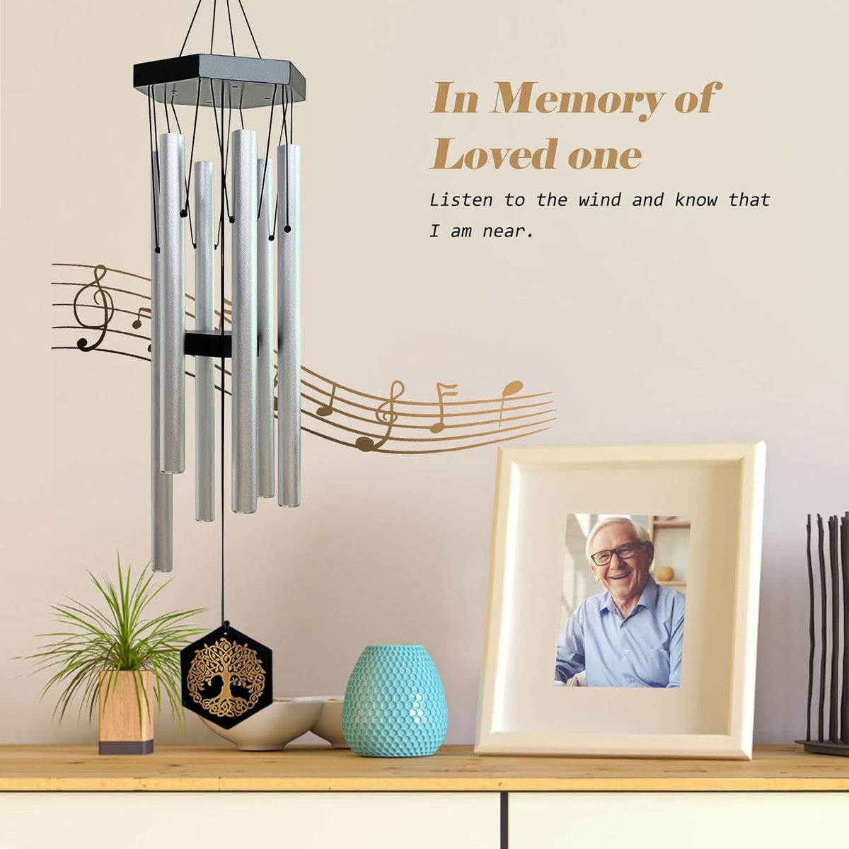 33" Tree of Life Memorial Wind Chimes | Elegant Silver Sympathy Wind Chime for Loss of Loved One, Tranquil Deep-Tone Windchimes, Outdoor Hanging Garden Decor