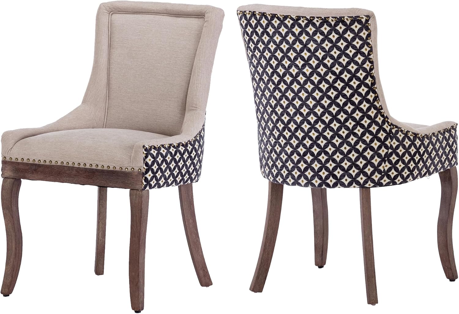 Farmhouse Dining Chairs Set of 2, Upholstered Fabric Dining Room Accent Chairs with Wood Legs & Bronze Nailhead, High Wingback Kitchen Chairs for Living Room Hotel Apartment, Beige Patterned