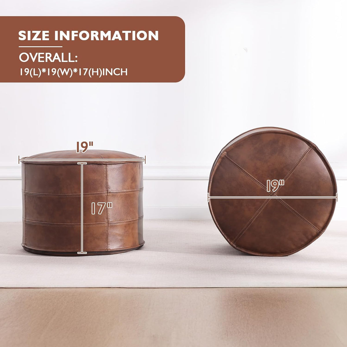 Leather Ottoman,Handmade Stuffed Square Ottoman,Genuine Leather Pouf, Foot Rest Pouf,Comfortable Soft Seating for Living Room & Bedroom (Brown, Round)