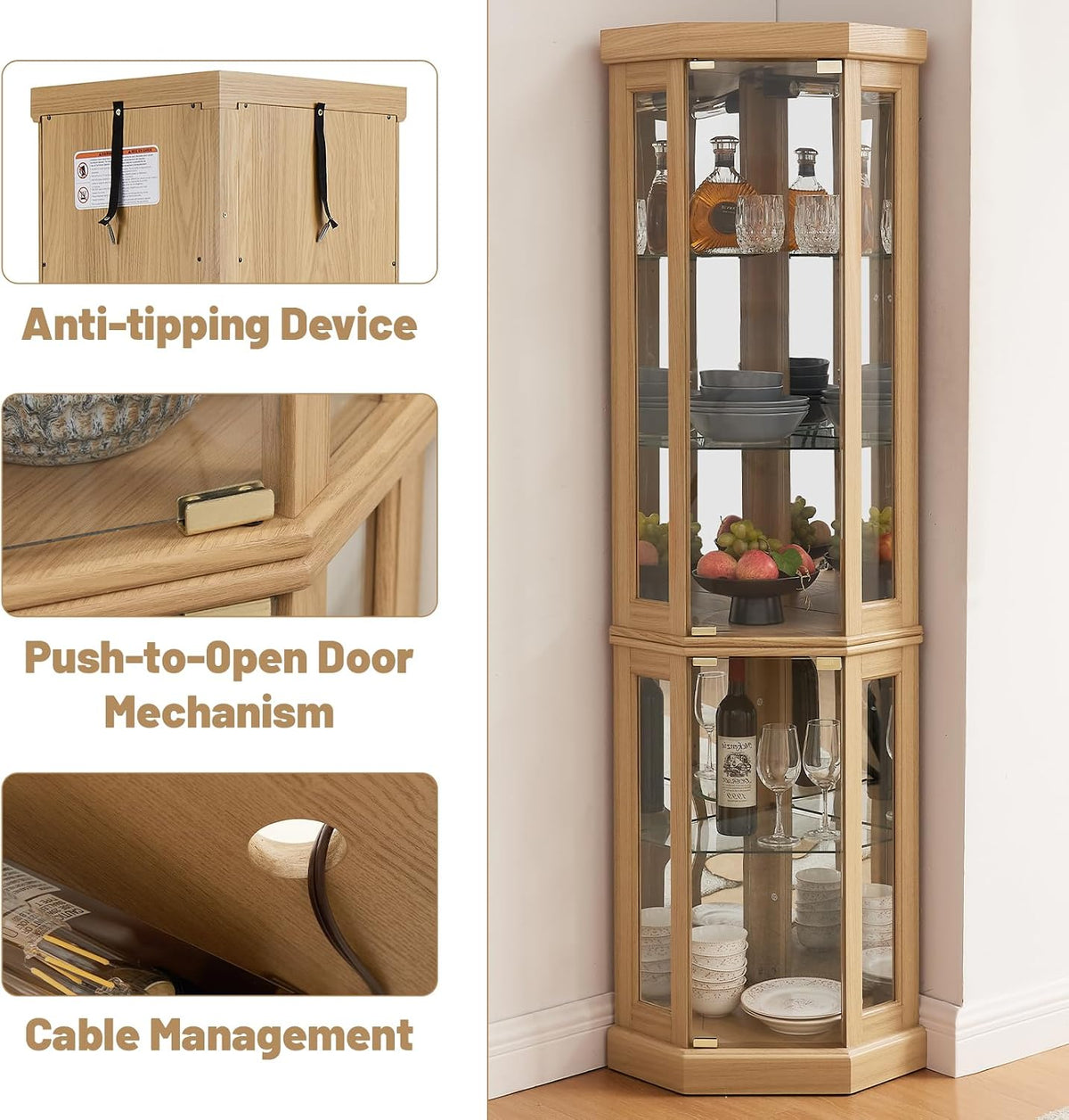 Tall Corner Cabinet with Glass Doors, Lighted Glass Display Curio Cabinet with Adjustable Shelves, Home Office Floor Standing Display Cabinets for Bar, Liquor Storage and Medal, Light Oak
