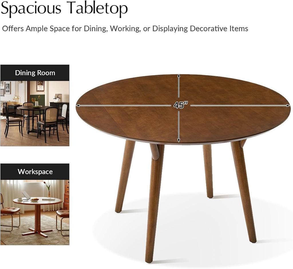 HULALA HOME Round Dining Table for 4, 45” Solid Wood Kitchen Table, Small Dinner Coffee Writing Table for Kitchen Dining Room, Save Space, Walnut