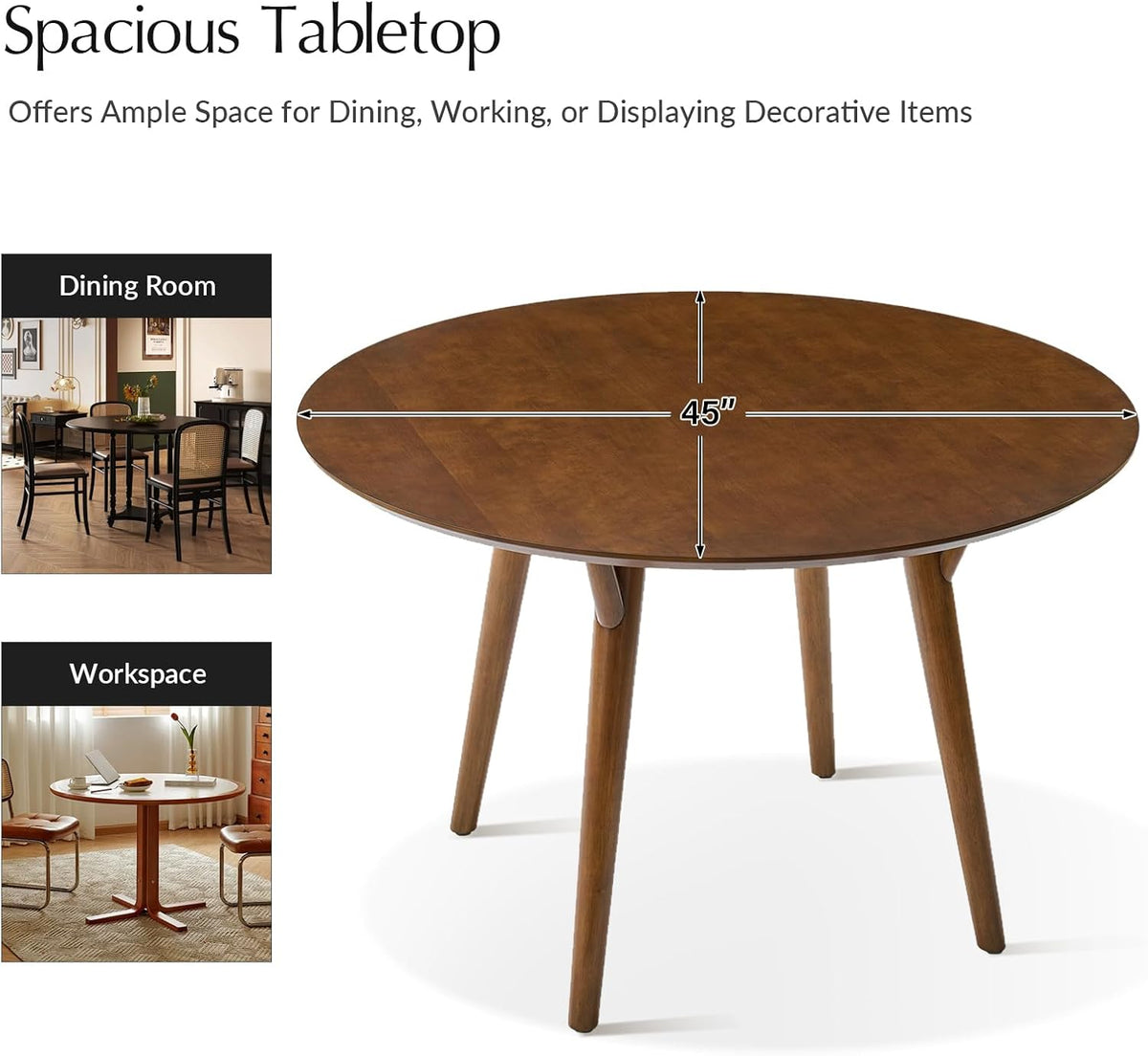 HULALA HOME Round Dining Table for 4, 45” Solid Wood Kitchen Table, Small Dinner Coffee Writing Table for Kitchen Dining Room, Save Space, Walnut