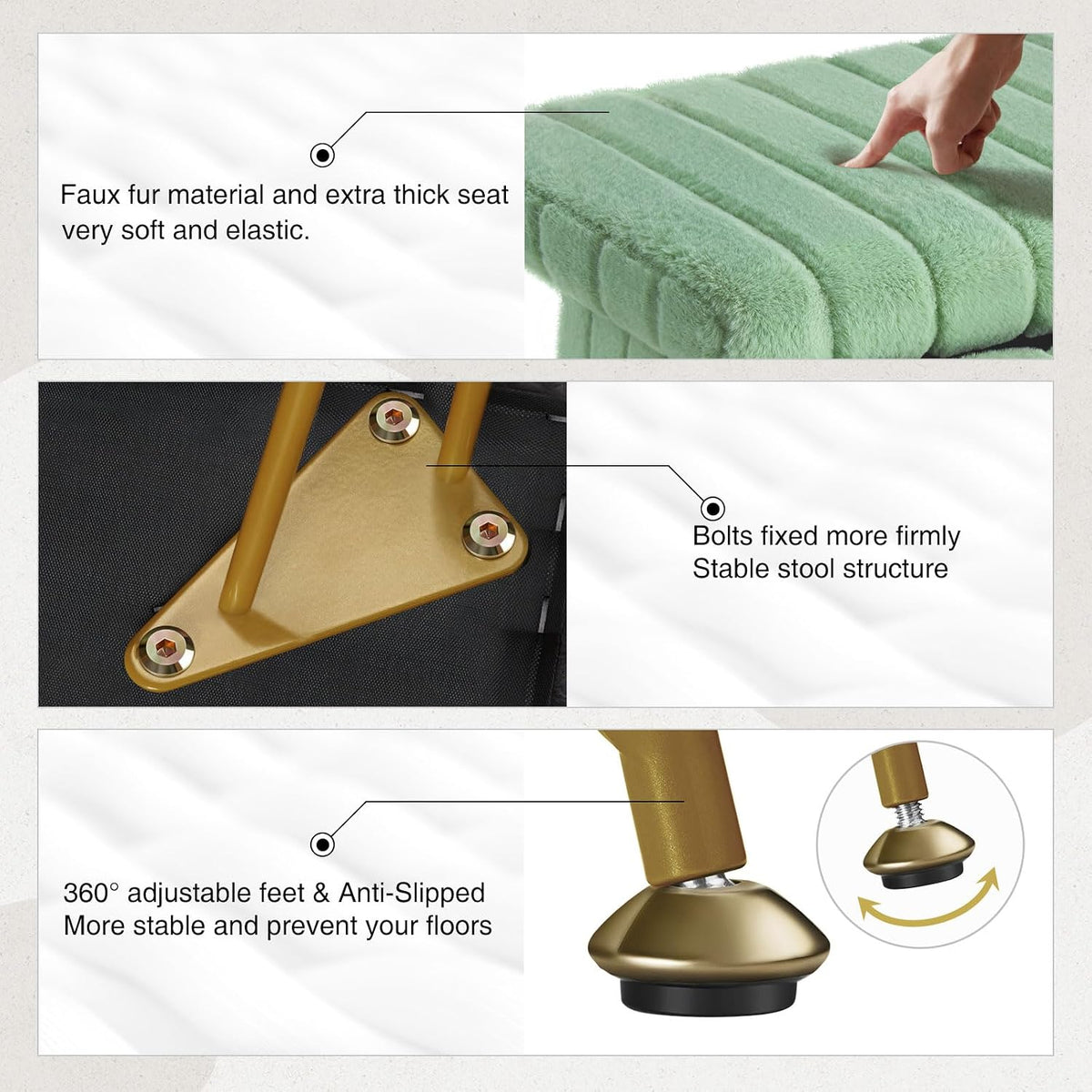 Greenstell Vanity Stool Chair Faux Fur with Storage, 15.7"L x 11.8"W x 19.4"H Soft Ottoman 4 Metal Legs with Anti-Slip Feet, Furry Padded Seat, Modern Multifunctional Chairs for Makeup, Bedroom,Green