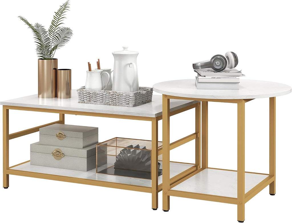 Brilluxa Coffee Table Set, 2-Piece Cocktail Table and Living Room Table Set with Rectangle and Round Tables, Faux Marble Tops, Storage Shelves for Small Spaces