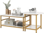 Brilluxa Coffee Table Set, 2-Piece Cocktail Table and Living Room Table Set with Rectangle and Round Tables, Faux Marble Tops, Storage Shelves for Small Spaces