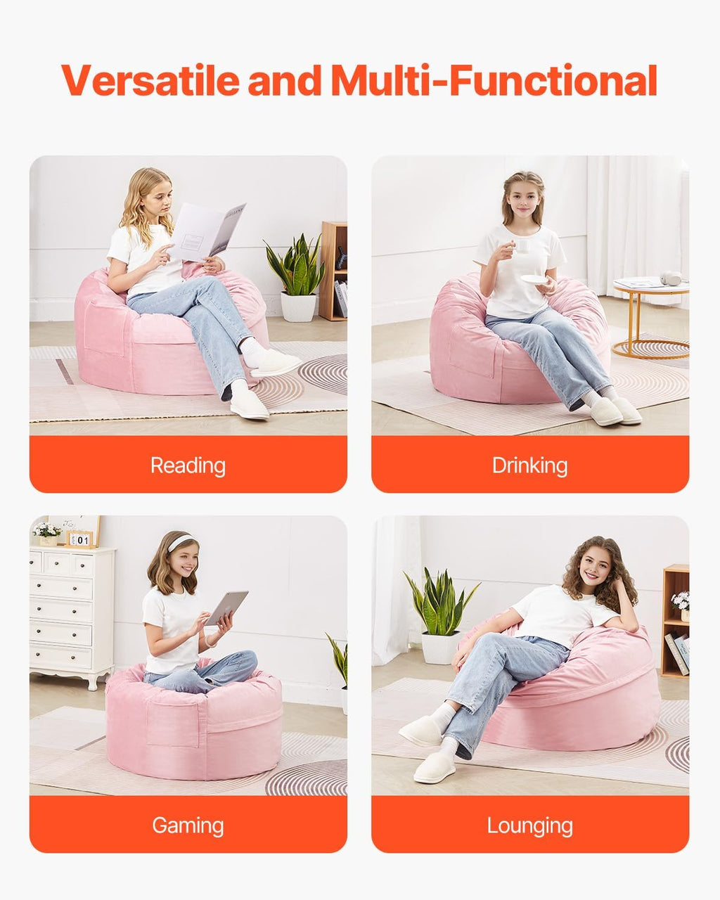 VEVOR Bean Bag Chair, 3 feet Round Bean Bag Chair with Removable and Washable Cover, 25D Memory Foam Filled with Soft and Smooth Dutch Velvet, Bean Bag for Bedroom or Playroom, Pink