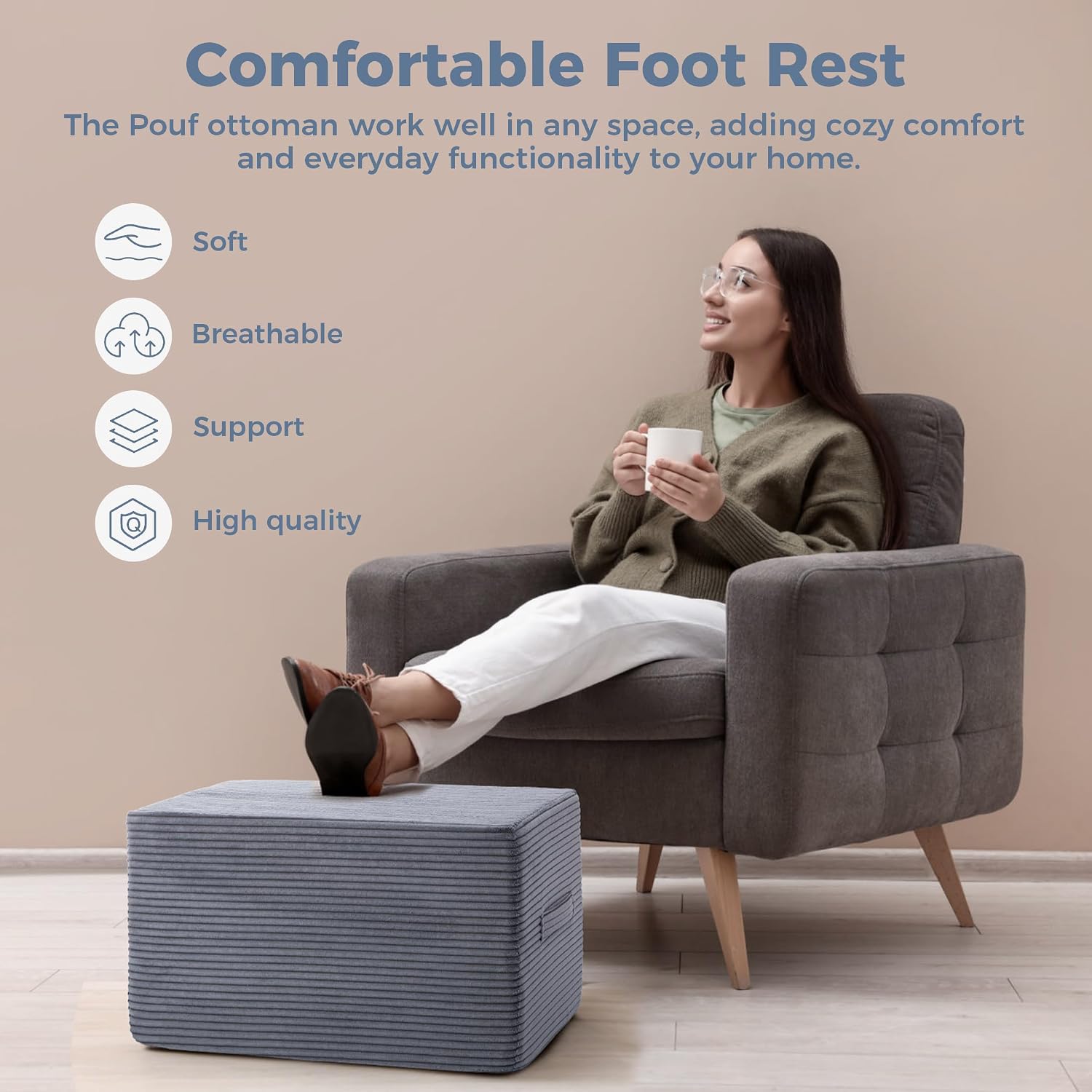 Rectangular Pouf Ottoman, Foam-Filled Footrest, Dark Gray | Soft coral fleece, adjustable foam filling, hidden storage and a carry handle combine comfort with everyday convenience.