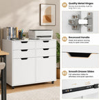 POWERSTONE Mobile File Cabinet with 4 Drawers & 2 Door, Rolling Under Desk Storage Chest with Lockable Wheels, Wood Printer Stand for Home Office Craft Room, White