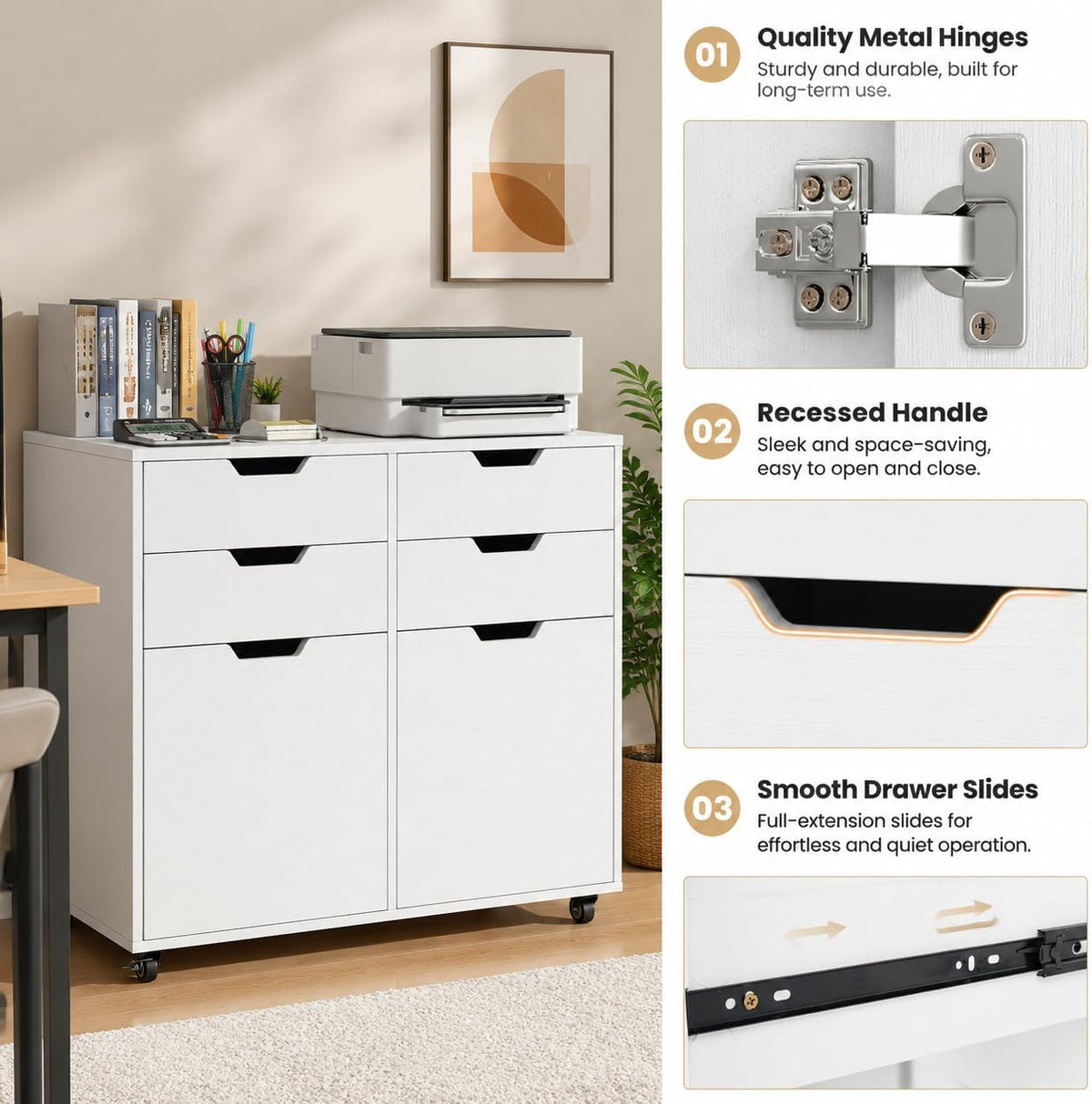 POWERSTONE Mobile File Cabinet with 4 Drawers & 2 Door, Rolling Under Desk Storage Chest with Lockable Wheels, Wood Printer Stand for Home Office Craft Room, White