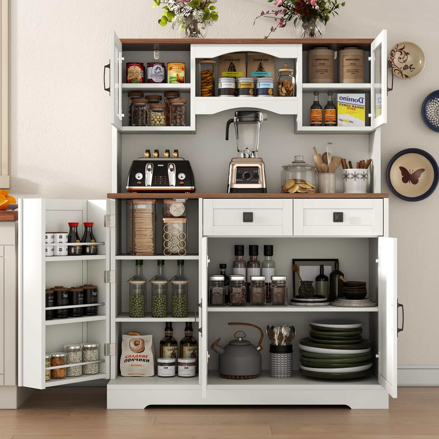 Loomie 60" Tall Farmhouse Pantry Cabinet, Kitchen Hutch with 2 Drawers, Kitchen Pantry Storage Cabinet with Adjustable Shelf and Microwave Stand, Food Pantry Cabinet for Living Room, Kitchen (White)