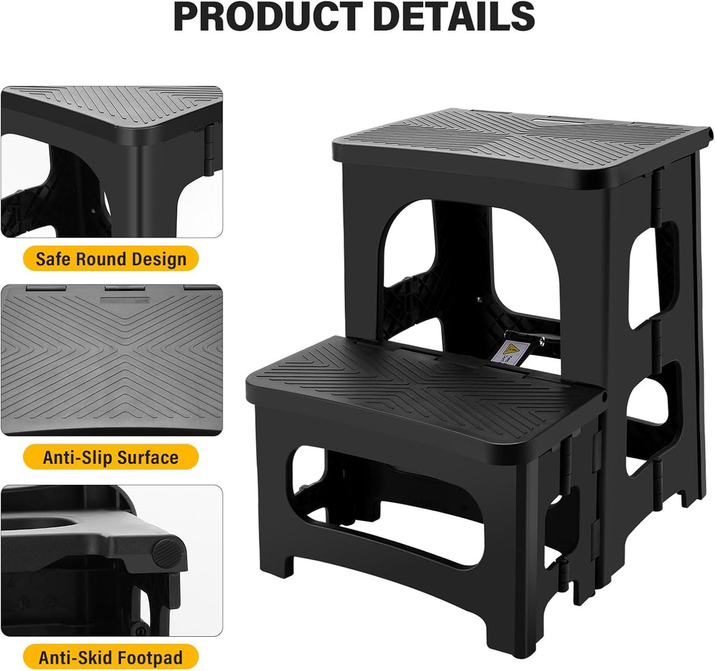 Folding 2-Step Stool for Adults, Non-Slip Collapsible Footstool for Office | Portable Bedside Step Stool, Hold up to 300 lbs, Lightweight & Foldable Step Ladder for Pool Office Home RV